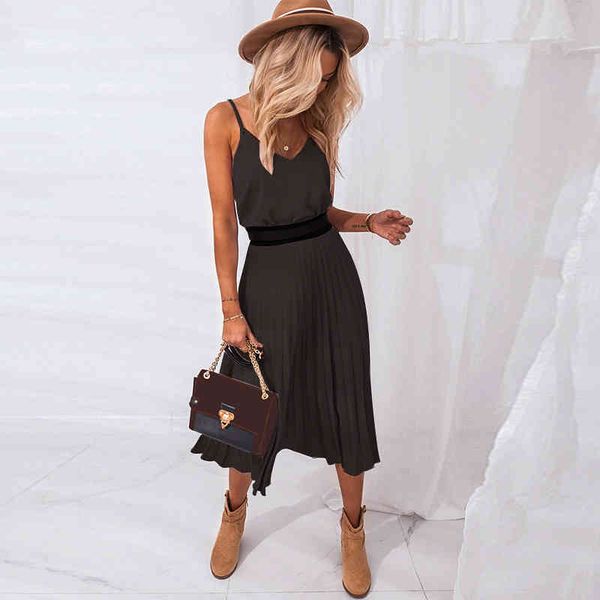 pink 2021 female women summer v-neck dress spaghetti strap pleated midi casual office ladies party es, Black;gray
pink 2021 female women summer v-neck dress spaghetti strap pleated midi casual office ladies party es, Black;gray
