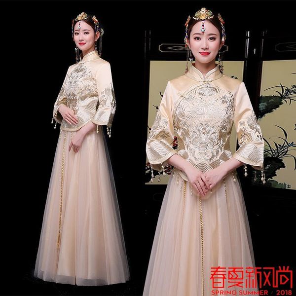 summer womens retro slim fit beige yellow embroidery wedding dress maxi qipao skirts 3/4 sleeve chinese cheongsam ethnic clothing, Red 
summer womens retro slim fit beige yellow embroidery wedding dress maxi qipao skirts 3/4 sleeve chinese cheongsam ethnic clothing, Red