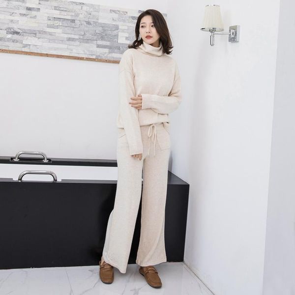 women's two piece pants autumn and winter ladies suit loose high neck knitted long-sleeved cashmere sweater long wide-leg wool selling, White
women's two piece pants autumn and winter ladies suit loose high neck knitted long-sleeved cashmere sweater long wide-leg wool selling, White