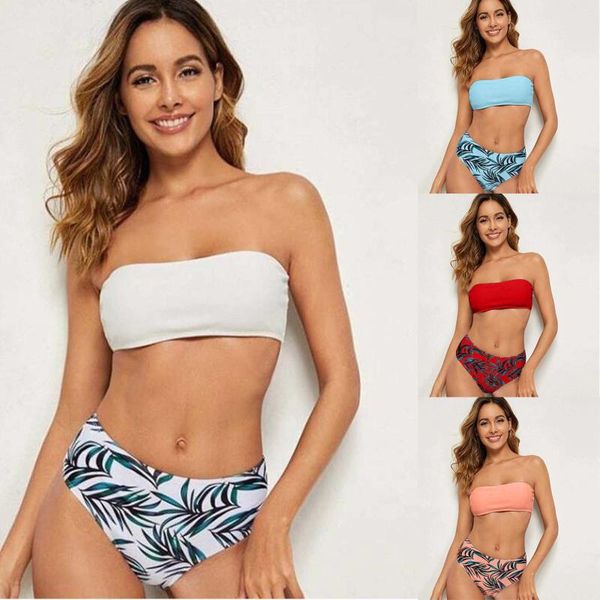 women tube bikini set leaves print padded swimwear bathing swimsuit beachwear swimming suit ropa de mujer 2021 women's, White;black
women tube bikini set leaves print padded swimwear bathing swimsuit beachwear swimming suit ropa de mujer 2021 women's, White;black