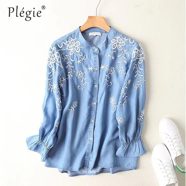 women's blouses & shirts plegie 2021 women floral embroidery blue denim blouse female stand collar long sleeve casual spring summer shi, White
women's blouses & shirts plegie 2021 women floral embroidery blue denim blouse female stand collar long sleeve casual spring summer shi, White