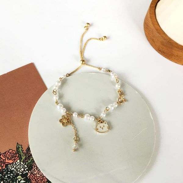 link, chain trendy jewelry simulated pearl beads bracelet golden plating bow flower cat charm for sweet girl party gifts, Black
link, chain trendy jewelry simulated pearl beads bracelet golden plating bow flower cat charm for sweet girl party gifts, Black