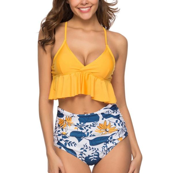 women's swimwear smocked blue leaves print bikini sets women ruffle high-waist tankini two pieces swimsuits 2021 girl boho bathing suit, White;black
women's swimwear smocked blue leaves print bikini sets women ruffle high-waist tankini two pieces swimsuits 2021 girl boho bathing suit, White;black