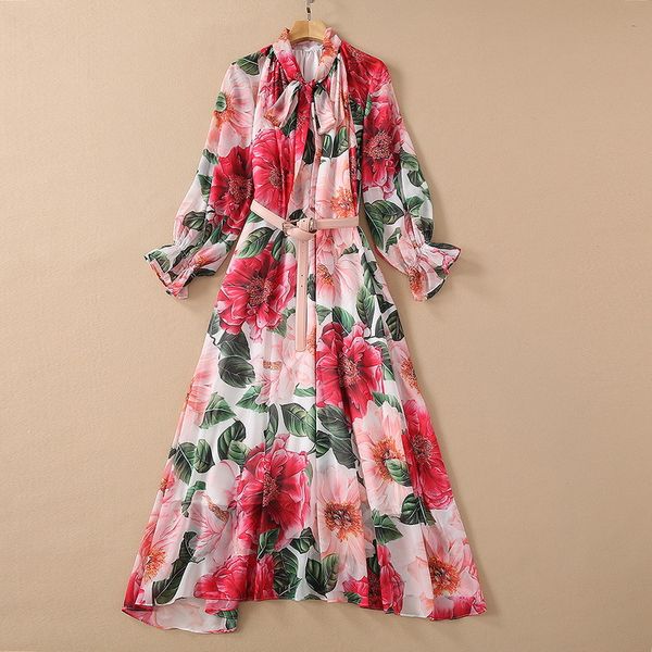 european and american women's wear for spring 2021 flared sleeve bow collar with floral print fashionable belt dress, Black;gray
european and american women's wear for spring 2021 flared sleeve bow collar with floral print fashionable belt dress, Black;gray