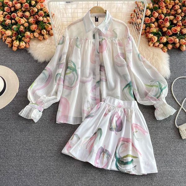 women's tracksuits lapel long sleeve printed casual loose shirt lantern western-style two piece set high waist wide leg shorts, Gray
women's tracksuits lapel long sleeve printed casual loose shirt lantern western-style two piece set high waist wide leg shorts, Gray