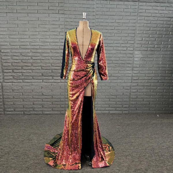 party dresses evening wear deep v neckline long sleeve women dress high slit shiny sequin gown, White;black
party dresses evening wear deep v neckline long sleeve women dress high slit shiny sequin gown, White;black