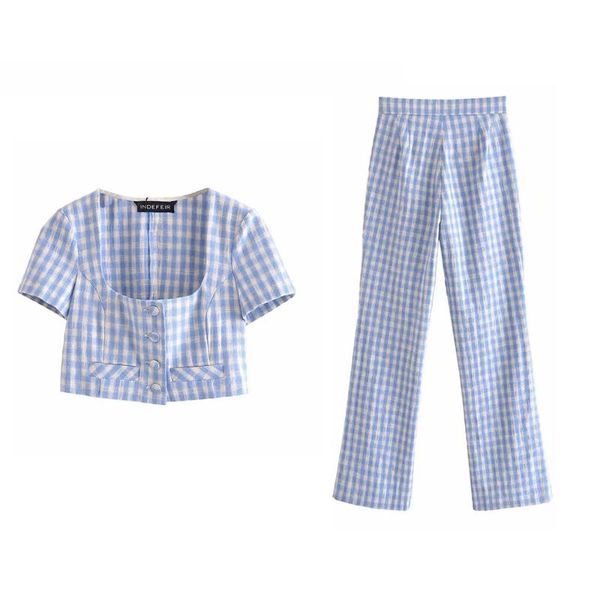 women's two piece pants summer fresh blue women plaid short sleeve square collar style and high waist straight long 2 streetwear, White
women's two piece pants summer fresh blue women plaid short sleeve square collar style and high waist straight long 2 streetwear, White