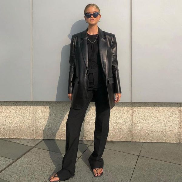 women's leather & faux women fashion blazers solid color long sleeve slim lapel single breasted back belt jackets street office ladies, Black
women's leather & faux women fashion blazers solid color long sleeve slim lapel single breasted back belt jackets street office ladies, Black