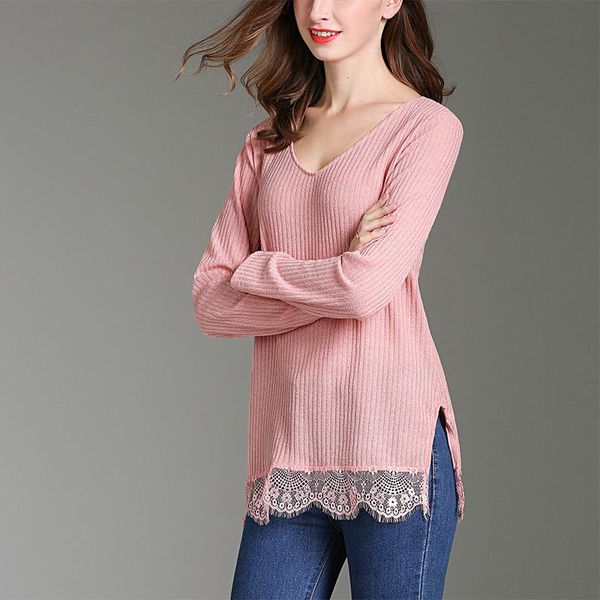 women's sweaters knit women invierno 2021 casual v-neck long sleeve lace solid khaki fall woman pullovers, White;black
women's sweaters knit women invierno 2021 casual v-neck long sleeve lace solid khaki fall woman pullovers, White;black