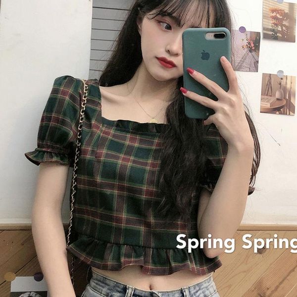 women's blouses & shirts women short sleeve crop female plaid printed ruffles square collar vintage slim stylish pleated streetwear ca, White
women's blouses & shirts women short sleeve crop female plaid printed ruffles square collar vintage slim stylish pleated streetwear ca, White