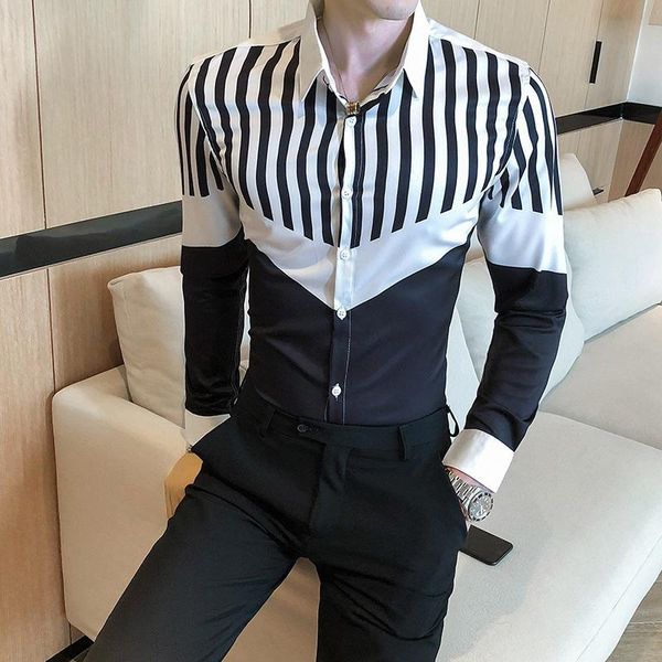 fall style men's striped stitching long-sleeved shirt slim-fit teen barber trendy casual shirts, White;black
fall style men's striped stitching long-sleeved shirt slim-fit teen barber trendy casual shirts, White;black