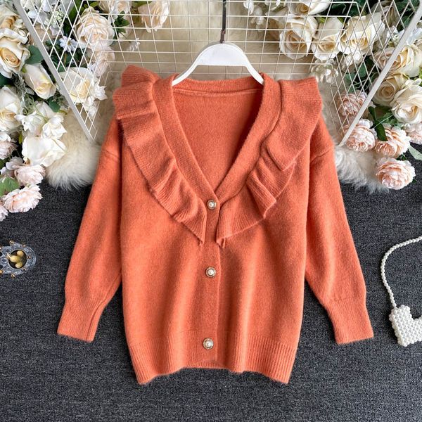 women knitting cardigan autumn winter solid v neck long sleeve tricot sweet ruffles korean college style sweater 210419, White;black
women knitting cardigan autumn winter solid v neck long sleeve tricot sweet ruffles korean college style sweater 210419, White;black