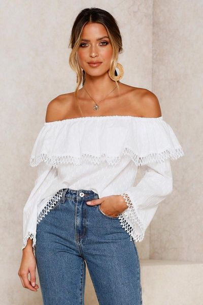 long sleeve t-shirts european and american off shoulder fringe t-shirt fashion solid color flared sleeves women's, White
long sleeve t-shirts european and american off shoulder fringe t-shirt fashion solid color flared sleeves women's, White