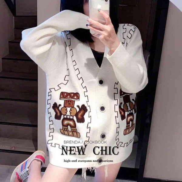 women's sweaters oversized cardigan fashion robot embroidery loose v-neck knit sweater women coats 09nx, White;black
women's sweaters oversized cardigan fashion robot embroidery loose v-neck knit sweater women coats 09nx, White;black