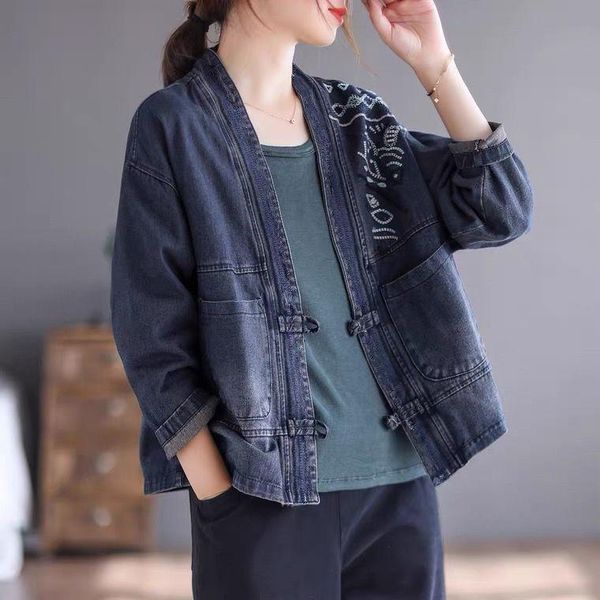 women's jackets literary and artistic retro embroidery denim jacket autumn loose thin cardigan button top, Black;brown
women's jackets literary and artistic retro embroidery denim jacket autumn loose thin cardigan button top, Black;brown