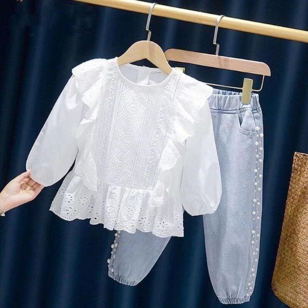 summer baby girl ruffle clothes sets fashion long sleeve + denim jeans trousers children costume casual suit q26 clothing, White