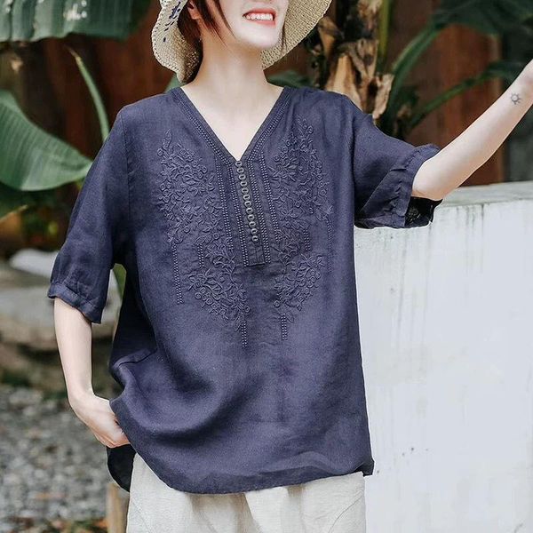 summer arts style half womens t shirt sleeve loose vintage embroidery v neck tee femme casual plus size m103, White
summer arts style half womens t shirt sleeve loose vintage embroidery v neck tee femme casual plus size m103, White