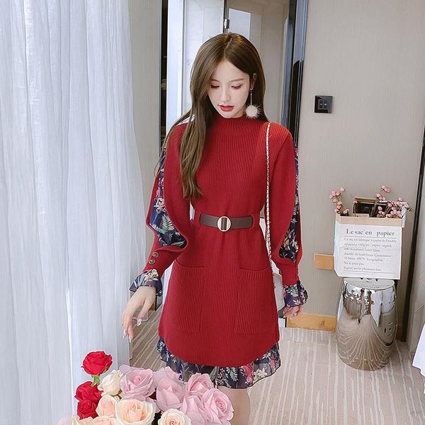casual dresses autumn french vintage sweet women stand collar long sleeve chiffon sweater patchwork knitted mini vestidos with bel, Black;gray 
casual dresses autumn french vintage sweet women stand collar long sleeve chiffon sweater patchwork knitted mini vestidos with bel, Black;gray