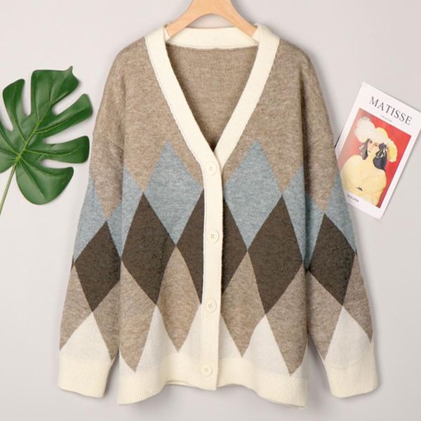 women's knits & tees autumn winter argyle cardigan women vintage knitted sweater v-neck single-breasted oversized korean knitwear, White
women's knits & tees autumn winter argyle cardigan women vintage knitted sweater v-neck single-breasted oversized korean knitwear, White