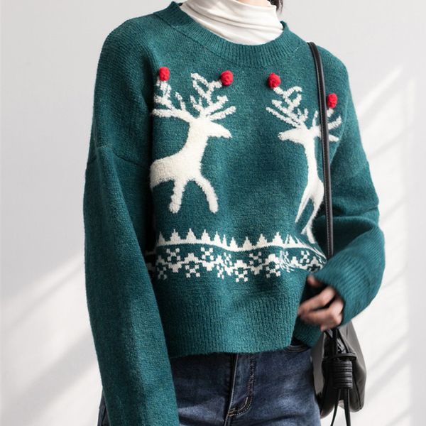 christmas elk sauce printed red female sweater oversize wear loose the lazy neck knit coat, White;black
christmas elk sauce printed red female sweater oversize wear loose the lazy neck knit coat, White;black