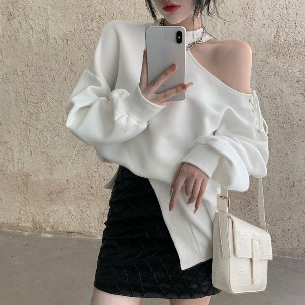 women's hoodies & sweatshirts nomikuma hollow out off shoulder sweatshirt women o neck long sleeve drawstring lace up casual solid colo, Black