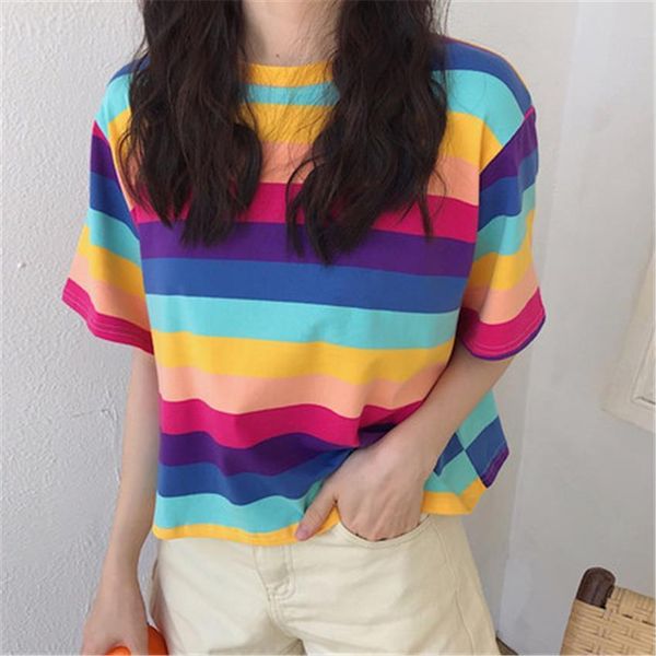 early spring net red womens t shirts ins elegant style rainbow striped short sleeved fashion shirt woman harajuku, White
early spring net red womens t shirts ins elegant style rainbow striped short sleeved fashion shirt woman harajuku, White