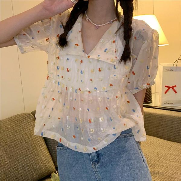 women's blouses & shirts 2021 women ebroidered cherry micro-transparent puff sleeve shirt summer vintage korean style lady top, White
women's blouses & shirts 2021 women ebroidered cherry micro-transparent puff sleeve shirt summer vintage korean style lady top, White