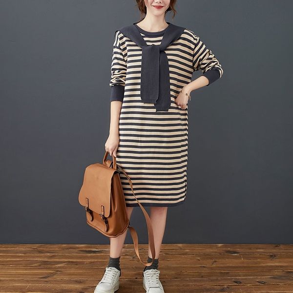 women knitted woolen casual dress new autumn korean simple style striped loose comfortable female knee-length dresses s2325 210412, Black;gray
women knitted woolen casual dress new autumn korean simple style striped loose comfortable female knee-length dresses s2325 210412, Black;gray