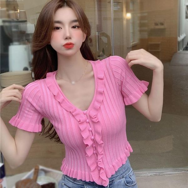 women's t-shirt fashion v-neck button ruffled short t-shirts women sleeved knitted cardigan summer tees, White
women's t-shirt fashion v-neck button ruffled short t-shirts women sleeved knitted cardigan summer tees, White
