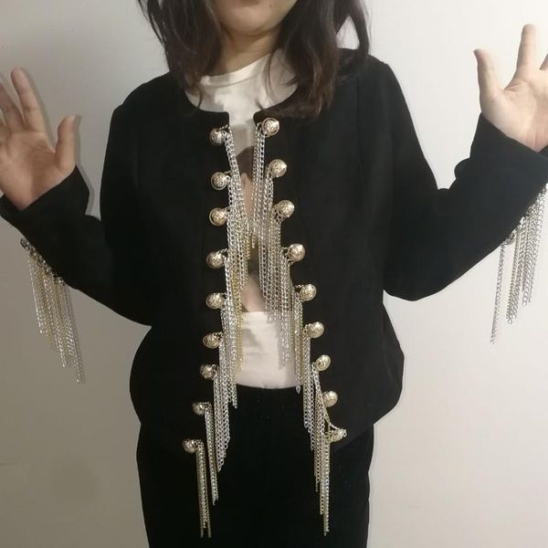 women's jackets spring autumn women double-breasted chain tassel jacket round collar black slim short coat casual fringe suit, Black;brown
women's jackets spring autumn women double-breasted chain tassel jacket round collar black slim short coat casual fringe suit, Black;brown