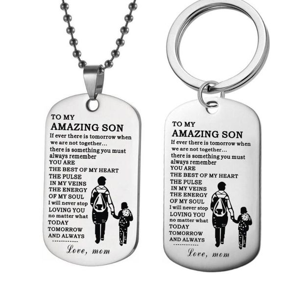 chains fashion give me magical son keychain accessories love mom stainless steel military dog tag pendant necklace family keychain, men, Silver
chains fashion give me magical son keychain accessories love mom stainless steel military dog tag pendant necklace family keychain, men, Silver