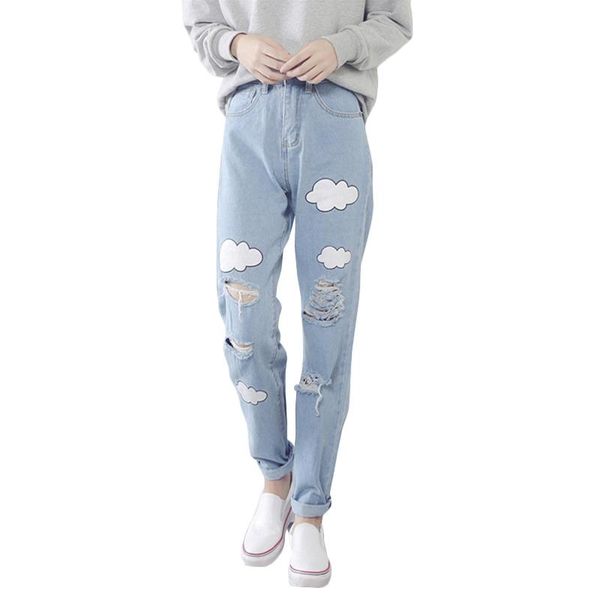 women jeans cloud print ripped cotton slim vintage high waist denim for j002 women's, Blue
women jeans cloud print ripped cotton slim vintage high waist denim for j002 women's, Blue