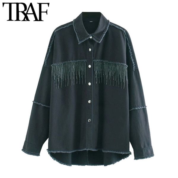 women fashion oversized bejewelled denim jacket coat vintage long sleeve fayed tassel female outerwear chic 210507, Black;brown
women fashion oversized bejewelled denim jacket coat vintage long sleeve fayed tassel female outerwear chic 210507, Black;brown