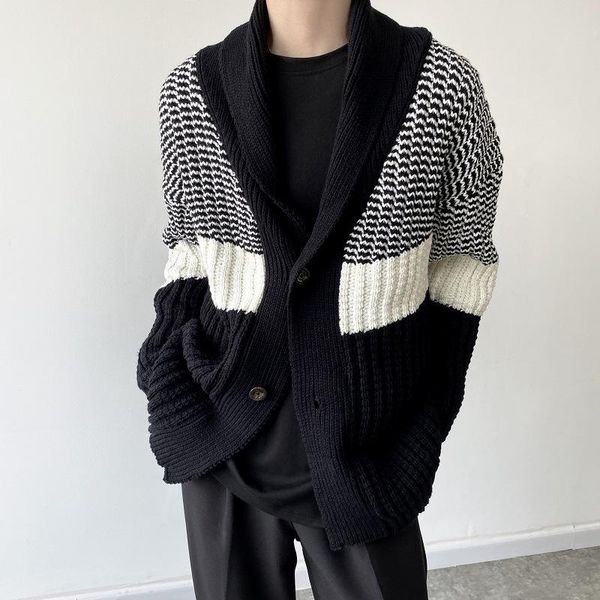 men's sweaters panelled coarse wool sweater men autumn winter oversize loose spliced turn-down collar casual open stitch sweatercoat ma, White;black
men's sweaters panelled coarse wool sweater men autumn winter oversize loose spliced turn-down collar casual open stitch sweatercoat ma, White;black