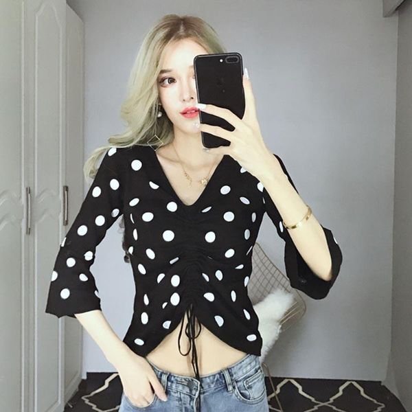 women's sweaters winter fashion tees korean style drawstring lace up v-neck crop dot flare sleeve thin knitted clothing, White;black
women's sweaters winter fashion tees korean style drawstring lace up v-neck crop dot flare sleeve thin knitted clothing, White;black