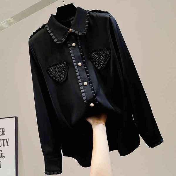 women's jackets love heart pearls beading ruffles patchwork black white blouse women 2021 korean elegant shirt long sleeve satin t, Black;brown
women's jackets love heart pearls beading ruffles patchwork black white blouse women 2021 korean elegant shirt long sleeve satin t, Black;brown