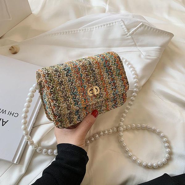 shoulder bags pearl woven straw bag 2021 mini lipstick messenger small square