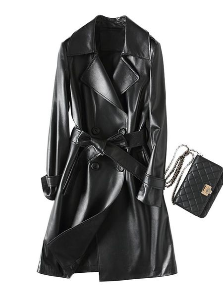 women's leather & faux 2021 spring sheepskin jacket female temperament waist slim long trench coat, Black
women's leather & faux 2021 spring sheepskin jacket female temperament waist slim long trench coat, Black