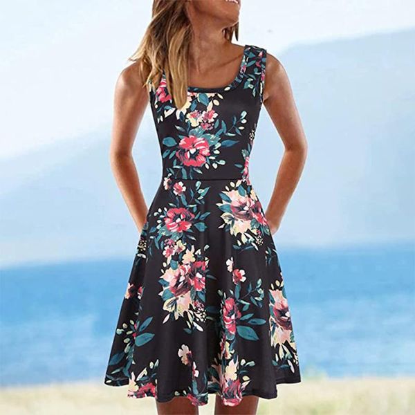 casual dresses women retro floral prints elastic waist mini dress deep 0-neck sleeveless sling summer backless lady vestidos, Black;gray 
casual dresses women retro floral prints elastic waist mini dress deep 0-neck sleeveless sling summer backless lady vestidos, Black;gray