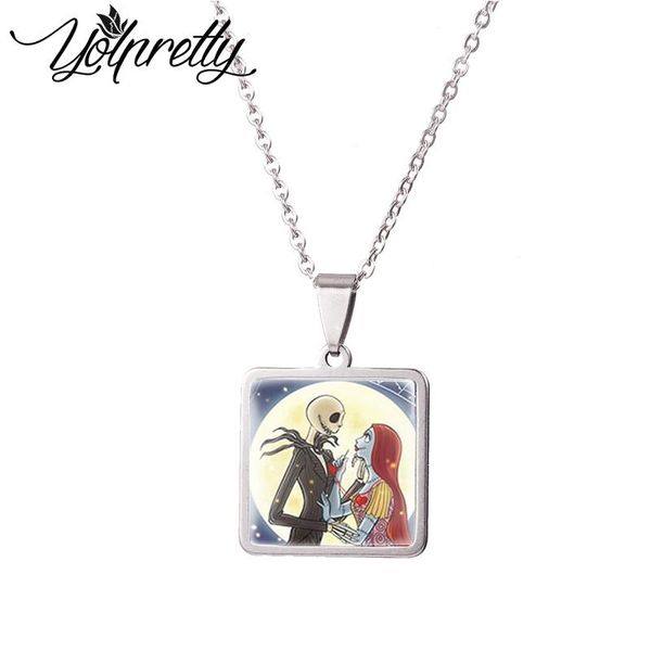 chains the nightmare before christmas jack and sally paintings square stainless steel necklace glass cabochon pendants jewelry, Silver 
chains the nightmare before christmas jack and sally paintings square stainless steel necklace glass cabochon pendants jewelry, Silver