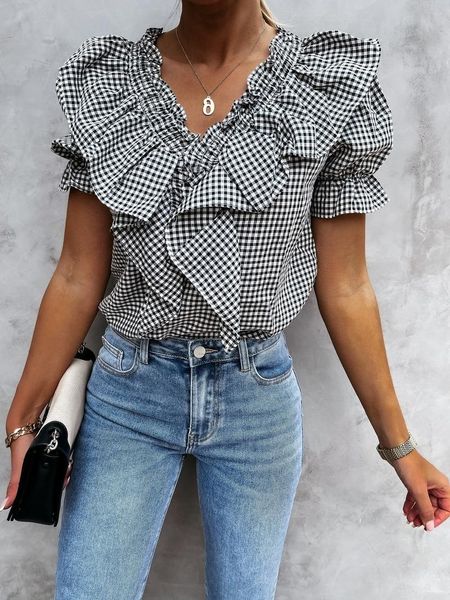 women's blouses & shirts 2021 elegant casual summer woman shirt plaid printing ruffles v-neck short puff sleeves office lady blusas top, White
women's blouses & shirts 2021 elegant casual summer woman shirt plaid printing ruffles v-neck short puff sleeves office lady blusas top, White