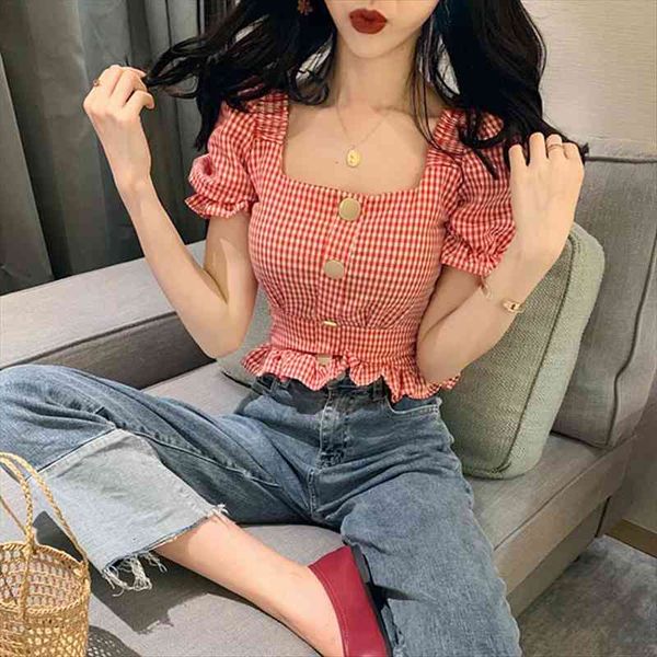 vintage plaid crop blouse women summer square collar puff sleeve button ladies plus size blouses chemisier femme, White 
vintage plaid crop blouse women summer square collar puff sleeve button ladies plus size blouses chemisier femme, White