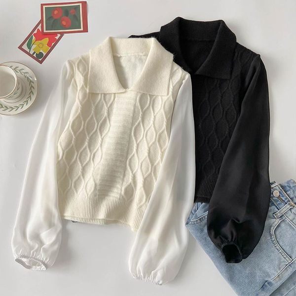 women's sweaters french style bubble long sleeve mesh patchwork knitting sweater spring and autumn 2021 collar, White;black
women's sweaters french style bubble long sleeve mesh patchwork knitting sweater spring and autumn 2021 collar, White;black