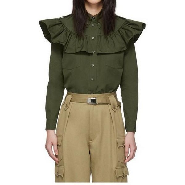 military dark green button up shirt women 2021 fall turn down collar long sleeve ruffles blouse fashion shirts women's blouses &, White
military dark green button up shirt women 2021 fall turn down collar long sleeve ruffles blouse fashion shirts women's blouses &, White