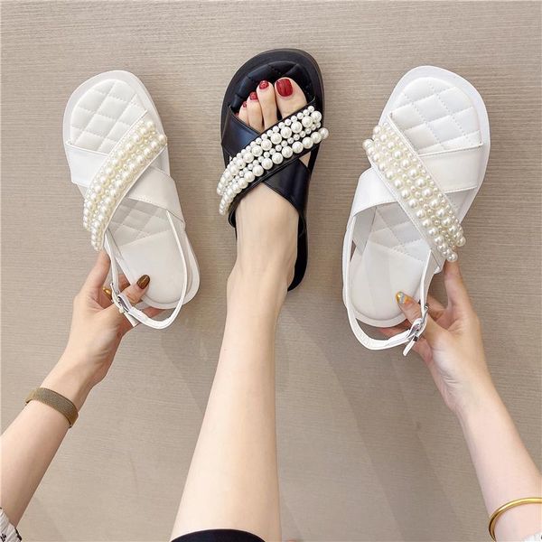 sandals 2021 women's summer pearl fairy style leather flat roman french buckle semi-soft platform shoes, Black
sandals 2021 women's summer pearl fairy style leather flat roman french buckle semi-soft platform shoes, Black