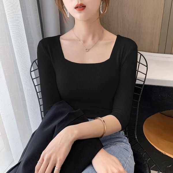 spring and summer square collar short-sleeved thread bottoming shirt women's loose mid-sleeved t-shirt, White
spring and summer square collar short-sleeved thread bottoming shirt women's loose mid-sleeved t-shirt, White