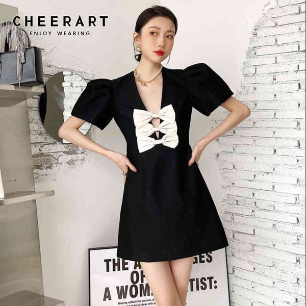 puff sleeve vintage summer dress women short v neck bow mini a line ladies black little korean fashion 210427, Black;gray
puff sleeve vintage summer dress women short v neck bow mini a line ladies black little korean fashion 210427, Black;gray