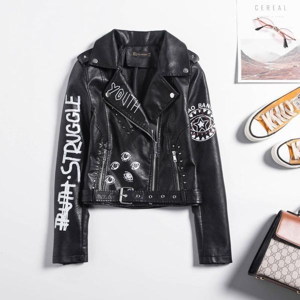 women's leather & faux heavy rivet locomotive female handsome personality letters printed pu jacket short coat wet and cool, Black
women's leather & faux heavy rivet locomotive female handsome personality letters printed pu jacket short coat wet and cool, Black