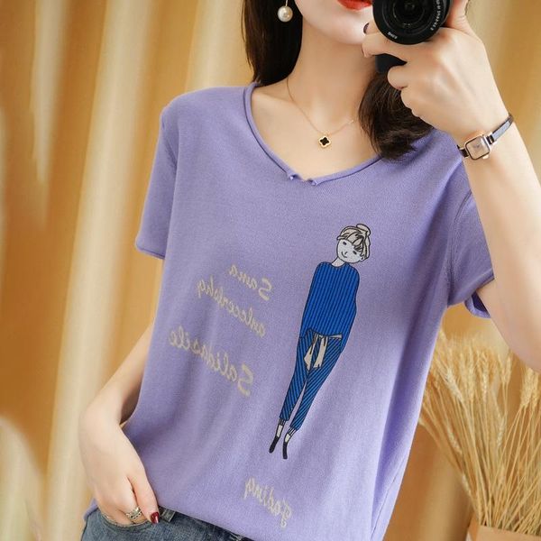 women's t-shirt 2021 summer cotton knitwear casual cartoon sweater short-sleeved v-neck pullover plus size tees, White
women's t-shirt 2021 summer cotton knitwear casual cartoon sweater short-sleeved v-neck pullover plus size tees, White