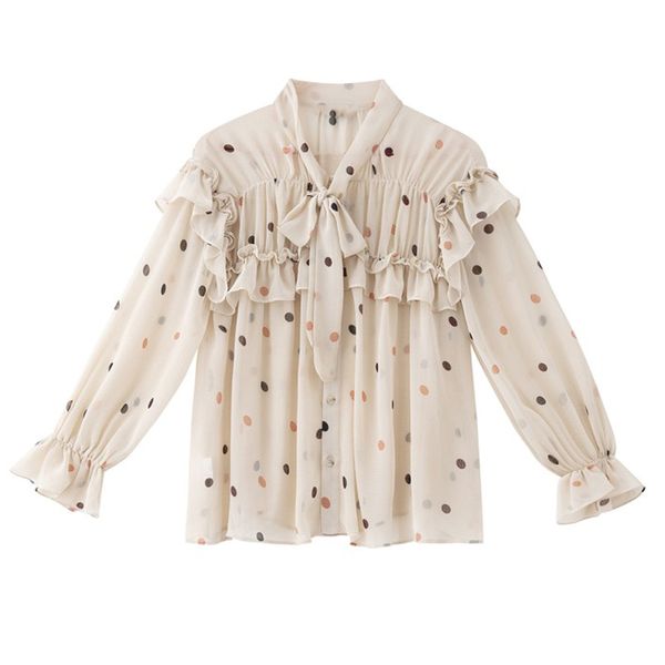 women beige long sleeve bow collar chiffon shirt blouse polka dot ruffle spring b0490 210514, White
women beige long sleeve bow collar chiffon shirt blouse polka dot ruffle spring b0490 210514, White